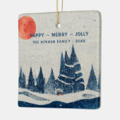 ウィンターランドスケープフォレストムーンネイビーブルースケッチ セラミックオーナメント (左)