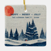 ウィンターランドスケープフォレストムーンネイビーブルースケッチ セラミックオーナメント (正面)