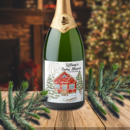 ウィンターランドスケープレッドハウスベビーシャワー スパークリングワインラベル