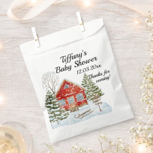 ウィンターランドスケープレッドハウスベビーシャワー フェイバーバッグ (クリップ留めされた状態)