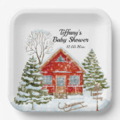 ウィンターランドスケープレッドハウスベビーシャワー ペーパープレート (正面)