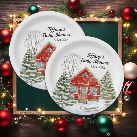 ウィンターランドスケープレッドハウスベビーシャワー ペーパープレート
