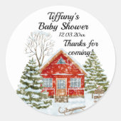 ウィンターランドスケープレッドハウスベビーシャワー ラウンドシール (正面)