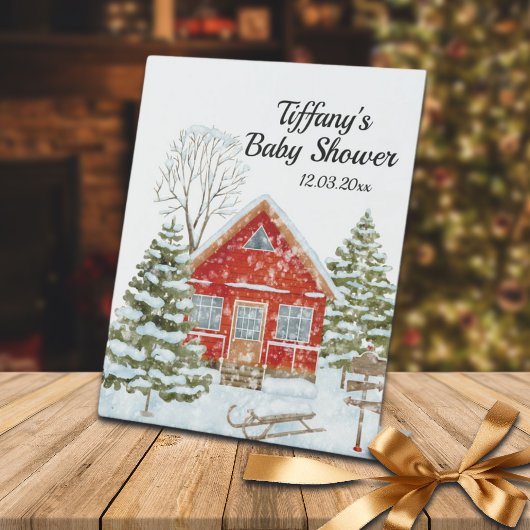 ウィンターランドスケープレッドハウスベビーシャワー 台座サイン