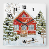 ウィンターランドスケープレッドハウス スクエア壁時計 (正面)