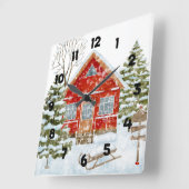 ウィンターランドスケープレッドハウス スクエア壁時計 (傾斜)