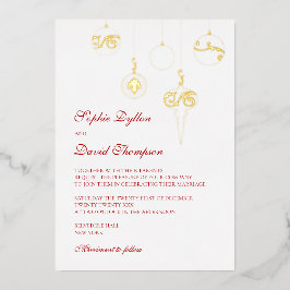 ウィンターレッドクリスマスボー結婚ブルオーナメントの金ゴールド 箔招待状