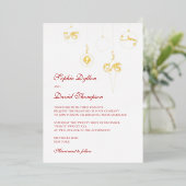 ウィンターレッドクリスマスボー結婚ブルオーナメントの金ゴールド 箔招待状 (立ち正面)