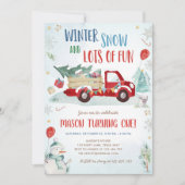 ウィンターレッドトラックスノーおもしろいボーイファースト誕生日 招待状 (正面)