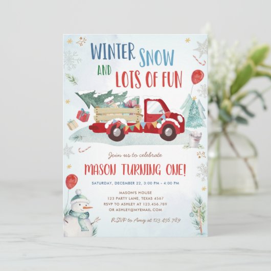 ウィンターレッドトラックスノーおもしろいボーイファースト誕生日 招待状 (スタンド正面)