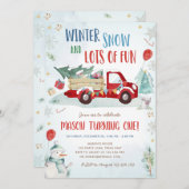 ウィンターレッドトラックスノーおもしろいボーイファースト誕生日 招待状 (正面/裏面)