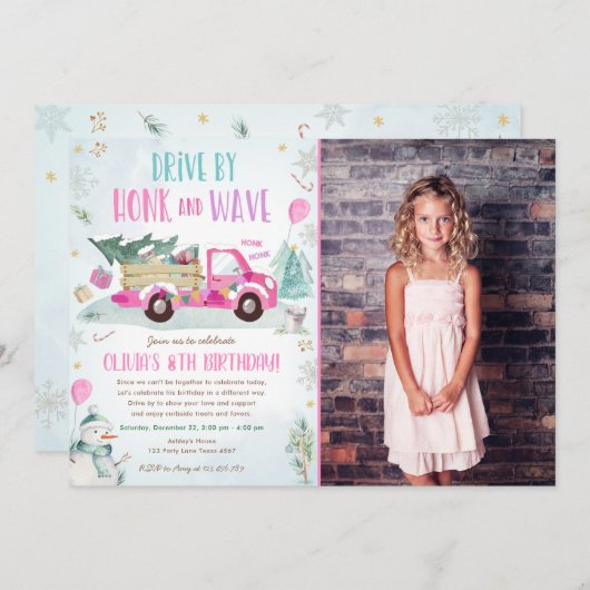 ウィンターレッドトラックドライブバイスルーガール誕生日 招待状 (正面/裏面)