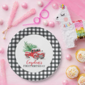 ウィンターレッドトラック第1誕生日ブラックプレイド ペーパープレート (パーティー)