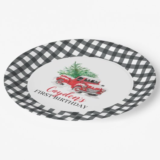 ウィンターレッドトラック第1誕生日ブラックプレイド ペーパープレート (アングル)