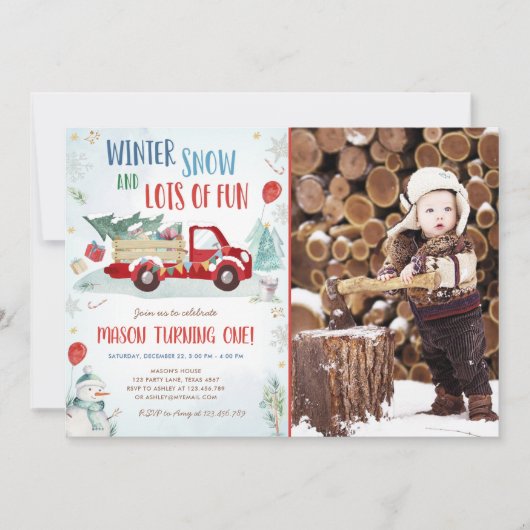 ウィンターレッドトラック雪おもしろいボーイファースト誕生日 招待状 (正面)