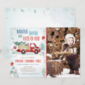 ウィンターレッドトラック雪おもしろいボーイファースト誕生日 招待状 (正面/裏面)