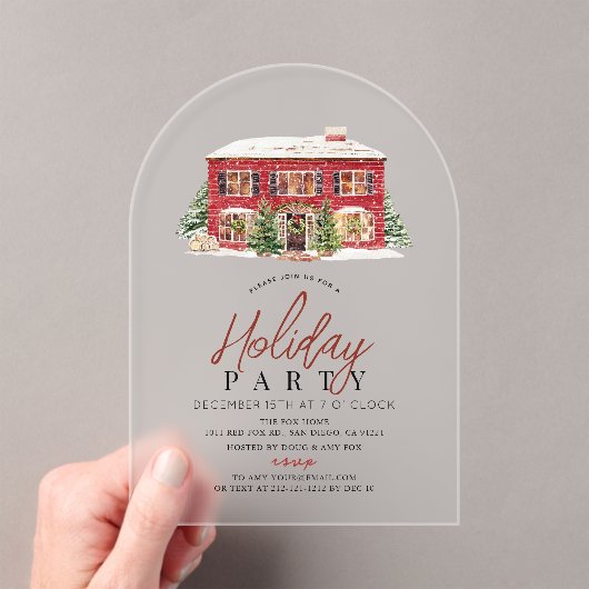 ウィンターレッドハウスクリスマスホリデーパーティー アクリル招待状 (インサイチュ (ポータブル))