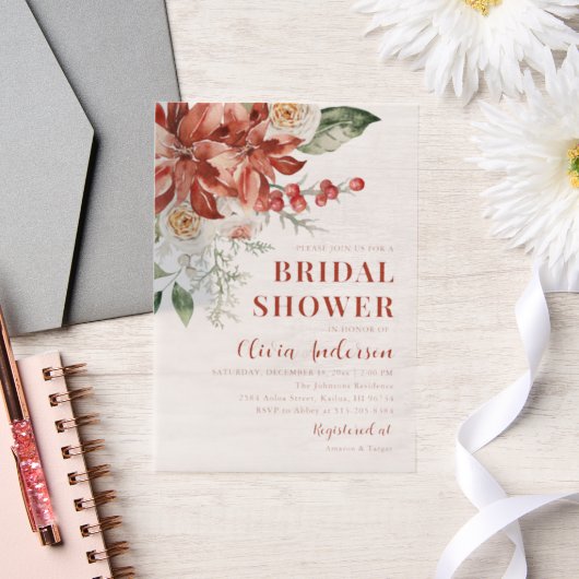 ウィンターレッドフローラクリスマスブライダルシャワー ベラム紙招待状 (ウェディング)