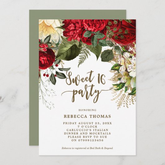 ウィンターレッドフローラスイート16パーティの招待状 招待状 (正面/裏面)