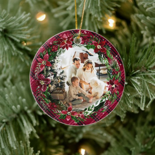 ウィンターレッドフローラリースフランネルファミリーフォト セラミックオーナメント (ツリー)