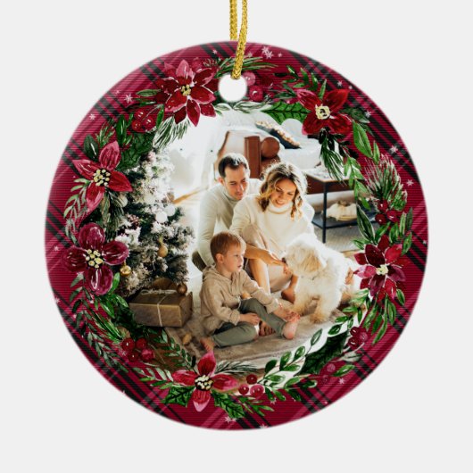 ウィンターレッドフローラリースフランネルファミリーフォト セラミックオーナメント (正面)