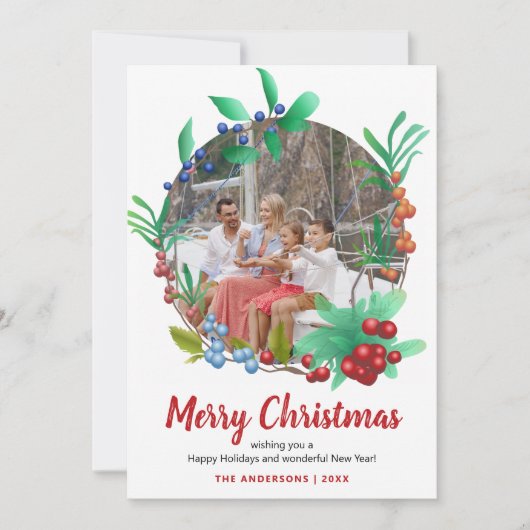 ウィンターレッドベリーリースフォトクリスマス シーズンカード (正面)
