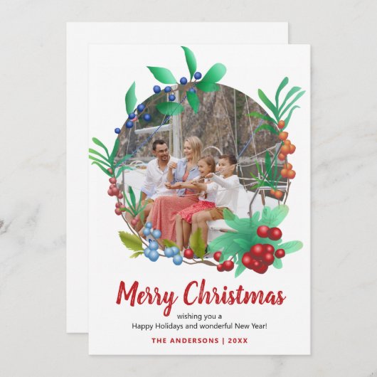 ウィンターレッドベリーリースフォトクリスマス シーズンカード (正面/裏面)