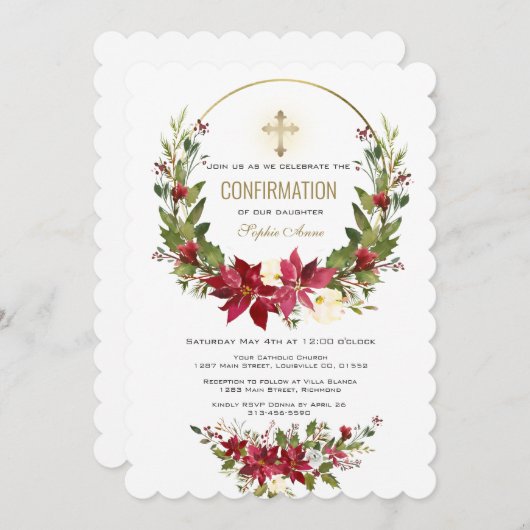 ウィンターレッドポインセチア金ゴールドクロス確認 招待状 (正面/裏面)