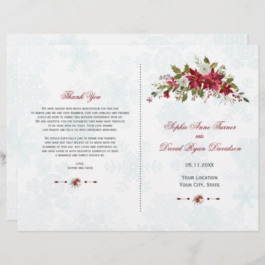 ウィンターレッドポインセチア雪の結晶結婚式 プログラム (正面/裏面)