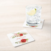 ウィンターレッドローズ&グリーン結婚リーズ | スクエアペーパーコースター (インサイチュ)