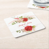 ウィンターレッドローズ&グリーン結婚リーズ | スクエアペーパーコースター (アングル)