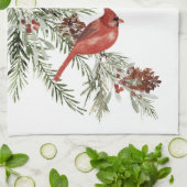 ウィンターレッド（鳥）ショウジョウコウカンチョウスプルースツリーコーン&ベリー キッチンタオル (折り畳み)