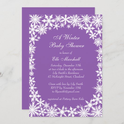 ウィンターレースオンパープルベビーシャワー招待状 招待状 (正面/裏面)