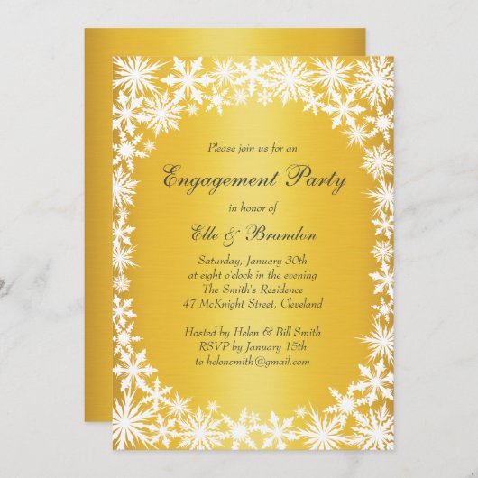 ウィンターレースオン金ゴールド婚約パーティ招待状 招待状 (正面/裏面)