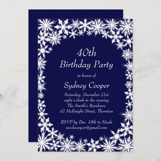 ウィンターレース40th誕生日パーティの招待状 – 青 招待状 (正面/裏面)