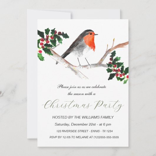 ウィンターロビンホリークリスマスパーティー水彩 シーズンカード (正面)