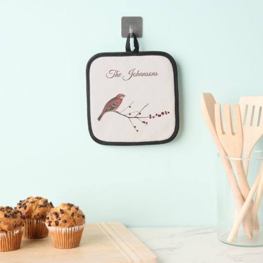 ウィンターローズブルフィンチバードウィンターベリーホリー 鍋敷き (インサイチュ (吊り下げ))