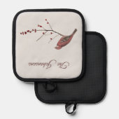 ウィンターローズブルフィンチバードウィンターベリーホリー 鍋敷き (正面/裏面)