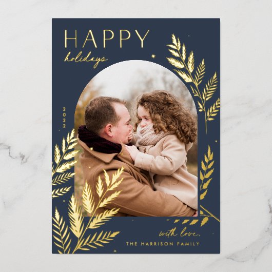 ウィンターローレル |ハッピーホリデー写真 箔シーズンカード (正面)