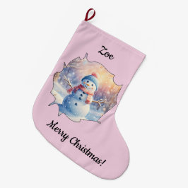 ウィンターワンダーランドのかわいい水彩雪だるま ラージクリスマスストッキング