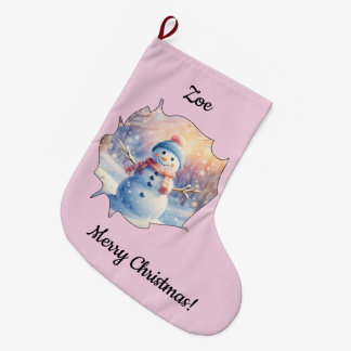 ウィンターワンダーランドのかわいい水彩雪だるま ラージクリスマスストッキング