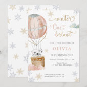ウィンターワンダーランドの女の子が生後1年のお誕生日おめでとう 招待状 (正面/裏面)
