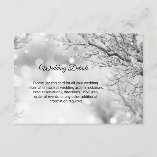 ウィンターワンダーランドの雪のウェディング詳細挿入 エンクロージャーカード (正面)