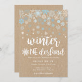 ウィンターワンダーランドの雪の結晶 1歳の誕生日 招待状 (正面/裏面)