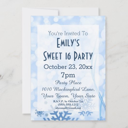 ウィンターワンダーランドアイステーマブルースウィート16誕生日 招待状 (正面)