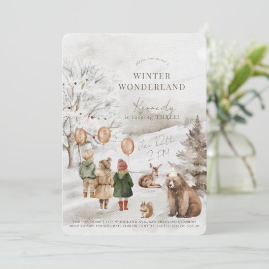 ウィンターワンダーランドアニマルズ&子供の誕生日 招待状 (スタンド正面)