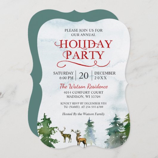 ウィンターワンダーランドウォーターカラーホリデーパーティー 招待状 (正面/裏面)