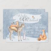 ウィンターワンダーランドウッドランドの最初の誕生日パーティー 招待状 (正面/裏面)