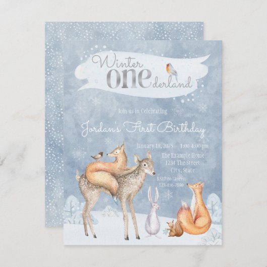 ウィンターワンダーランドウッドランドの最初の誕生日パーティー 招待状 (正面/裏面)