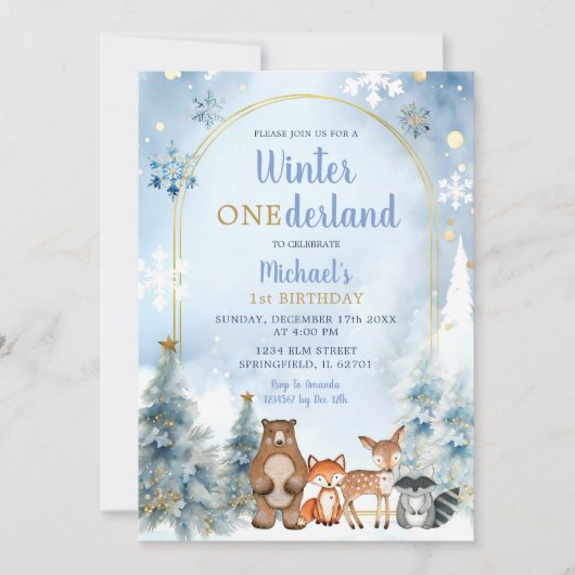 ウィンターワンダーランドウッドランドアニマルズフォレスト誕生日 招待状 (正面)
